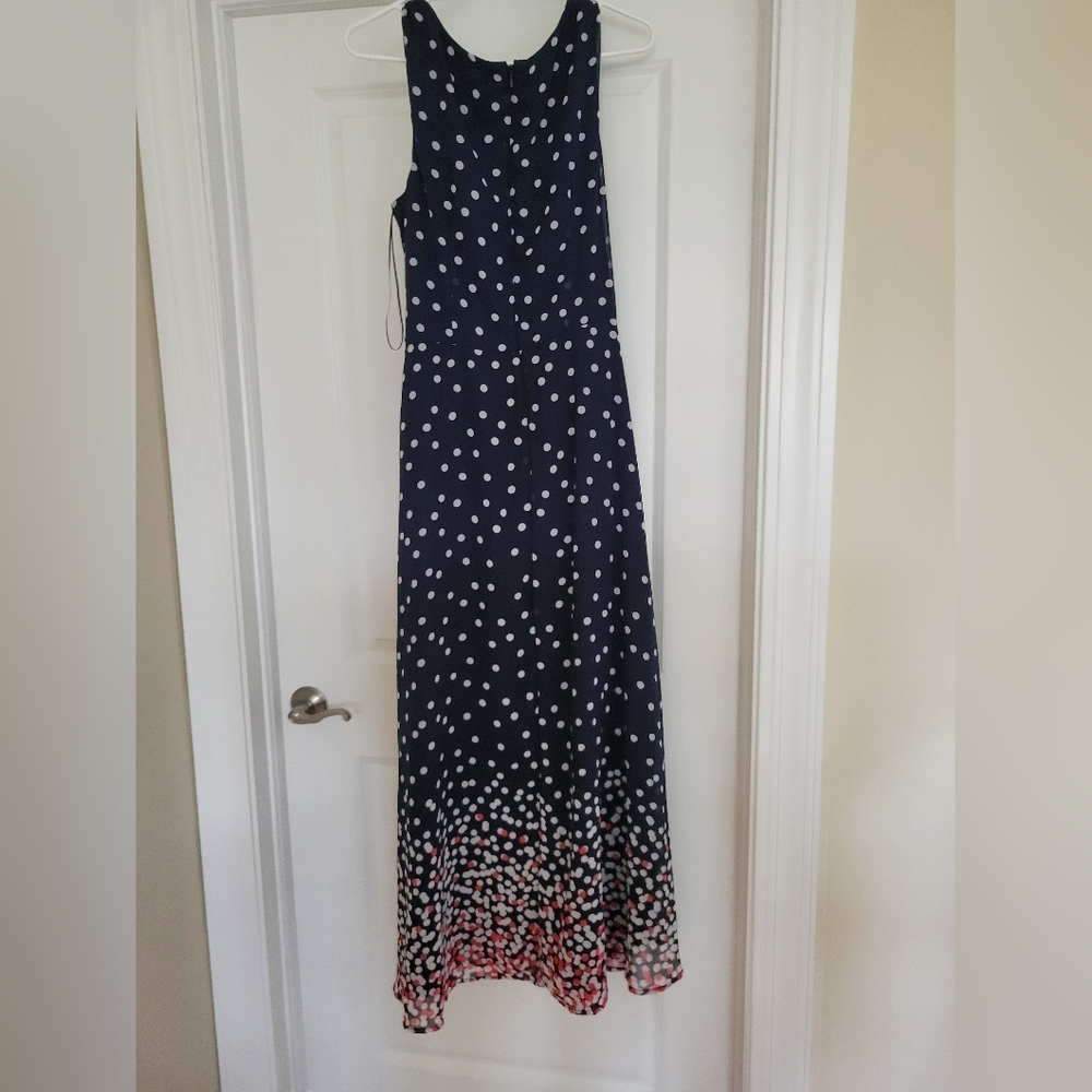 R&K Sleeveless Navy/Pink/White Polka Dot Tie Waist Maxi Dress - Size 16 - Picture 2 of 5